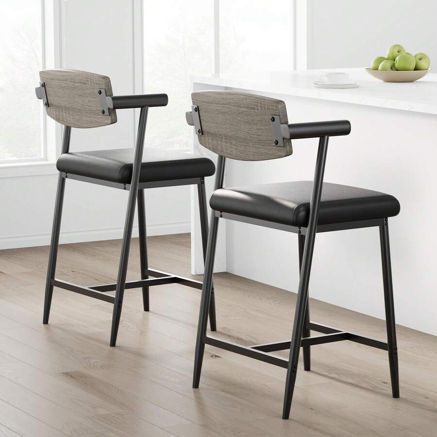 Techigher Counter Height Bar Stools Set Of 2, 26" Upholstered Bar Stools With Back & Arms, Wider Seat, Modern Bar Stools Set With Footrest For Kitchen Island,Counter Bar