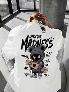 Men's "Enjoy The Madness" Graphic Streetwear T-Shirt - Summer Round Neck Casual Top With Edgy Bear And Skateboard Print, Perfect For Street Fashion And Skateboarding Culture. - White - View 4