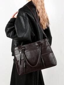 1 chiếc túi xách nữ màu trơn phong cách retro, túi tote dung tích lớn với nhiều ngăn khóa kéo, chất liệu PU chống thấm nước, có hai quai xách phía trên, thích hợp cho hoạt động ngoài trời, công sở, đeo vai đa năng với đường may chắc chắn và thiết kế chống trộm. - Cà phê - Xem 11