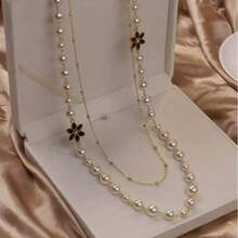 1件装时尚女士珍珠花朵项链，优雅多层毛衣链，百搭，适合外套、休闲和派对场合 - 6瓣花長項鍊 - 查看 14
