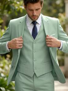 Men's 3 PiecesSuit Set, Suit Jacket + Vest + Trousers, Fresh Garden Wedding Groom Outfit, Elegant Tuxedo, Suitable For Special Occasions, Exhibitions And Social Events - Mint Blue - View 3