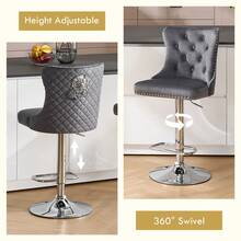 Velvet Bar Stools Set Of 2, Height Adjustable Breakfast Bar Stool, Counter Modern High Chair With Lion Knocker, Suitable For Bars Kitchens And Breakfast Counters, Grey - Dark Grey - View 6