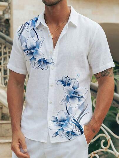 Camisa floral de estilo costero para hombre, parte superior con estampado botánico de unicolor retro, camisa de playa de corte slim minimalista con cuello de solapa, ropa de verano transpirable para vacaciones