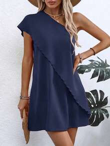 轻盈涤纶不对称露肩连衣裙 - 女士修身款，休闲风格 - 寶藍色 - 查看 1