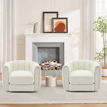 Silla giratoria moderna con diseño de barril, sillón tapizado de tela de peluche de 360° con respaldo a rayas y acolchado de felpa, cómoda silla redonda para sala de estar - Beis - Ver 5