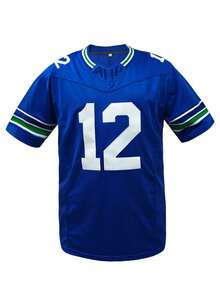 KTYSDE 男士12号蓝色美式橄榄球球衣，经典西雅图刺绣球迷球衣，V领宽松短袖运动橄榄球衫，适合日常休闲穿着、比赛训练和街头嘻哈风格，情人节礼物，男女通用 - 藍色 - 查看 2