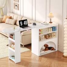 Modern Retractable, Swivel Dining Table – With Pet Space, Without Tray And Pet Pillow, White, Marble-Look Tabletop, 120 (+ 80) * 40 * 100 Cm - White - View 2