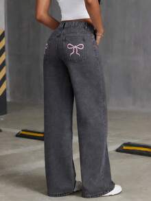 Quần Jeans ống rộng in hình bướm cỡ lớn cho bé gái tuổi mới lớn, giản dị và thoải mái - Màu xám đen - Xem 3