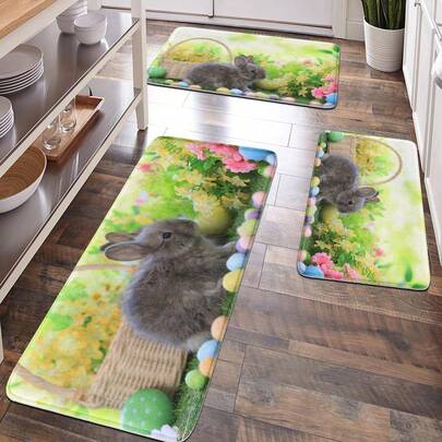 1件装兔子和复活节彩蛋图案柔软绒面浴室垫、厨房地毯、门垫、家居装饰、缓解疲劳地垫