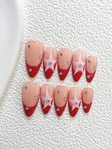 10pcs Set Acrylic Nail Art Kit, Includes Asymmetrical Pink Pentagram Nail Decals, Silver Rhinestones, Red Nail Polish, Burgundy Ombre Style, Ideal Gift For Women And Girls Nails Handmade Press On Nails - Nhiều màu - Xem 13