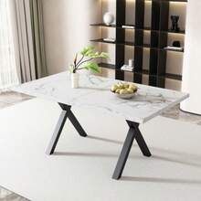 Dining Table, Cross Leg Design, Rectangular Dining Table, Coffee Table, Modern And Simple Wrought Iron Dining Table, L140*W80*H76cm, Marble Structure, Black And White [Old SKU: N634p243975w]