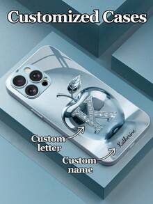 1pc Customizable 26 Letters & Name Design With Fashionable Blue Metal Apple Pattern Tempered Glass Material Phone Case, Compatible With Iphone17 ProMax/17Air/16 ProMax/15 Pro/14 Plus/13 Pro/12 Pro Max/11/Xs Max/8/7/6 Plus, S24 Ultra/S25 Ultra/A12, High-End Business Customization, Best Gift For Boyfriend, Girlfriend And Family - Blue - View 4