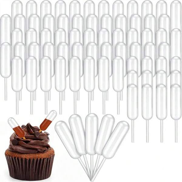 50/100pcs Mini Paper Cupcake Pipettes, 4ml Clear Plastic Cupcake Liquid Dropper Transfer Liquid Squeeze Dropper Disposable Mini Pipettes For Chocolate, Strawberry Cupcake Decoration