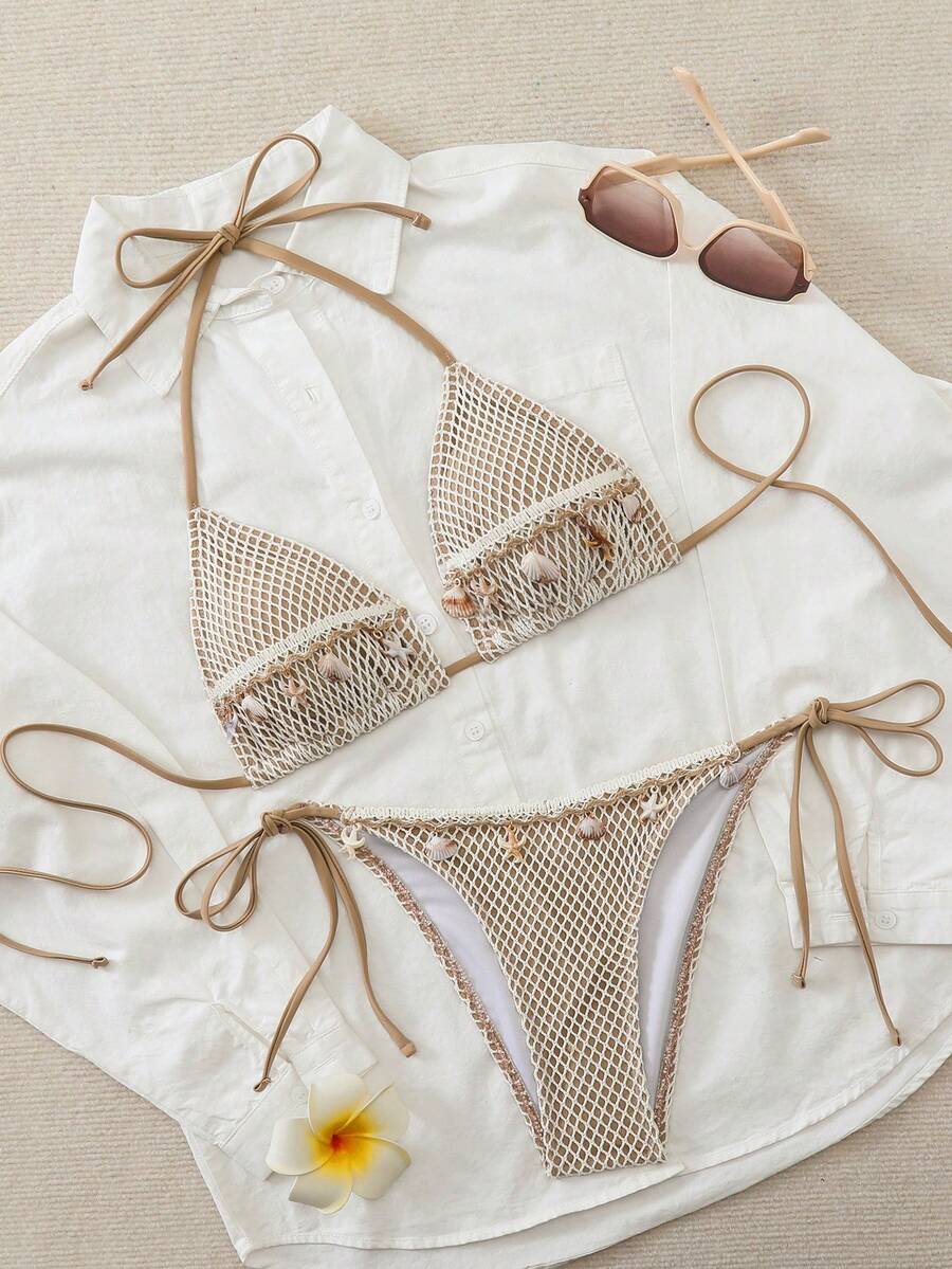 New Seashell & Starfish Princess Sexy Mesh Rope Wild Beach Vacation Style Halter Tie Strap Bikini Swimsuit For Women, Sensitive Backless Swimwear - Beige - View 1
