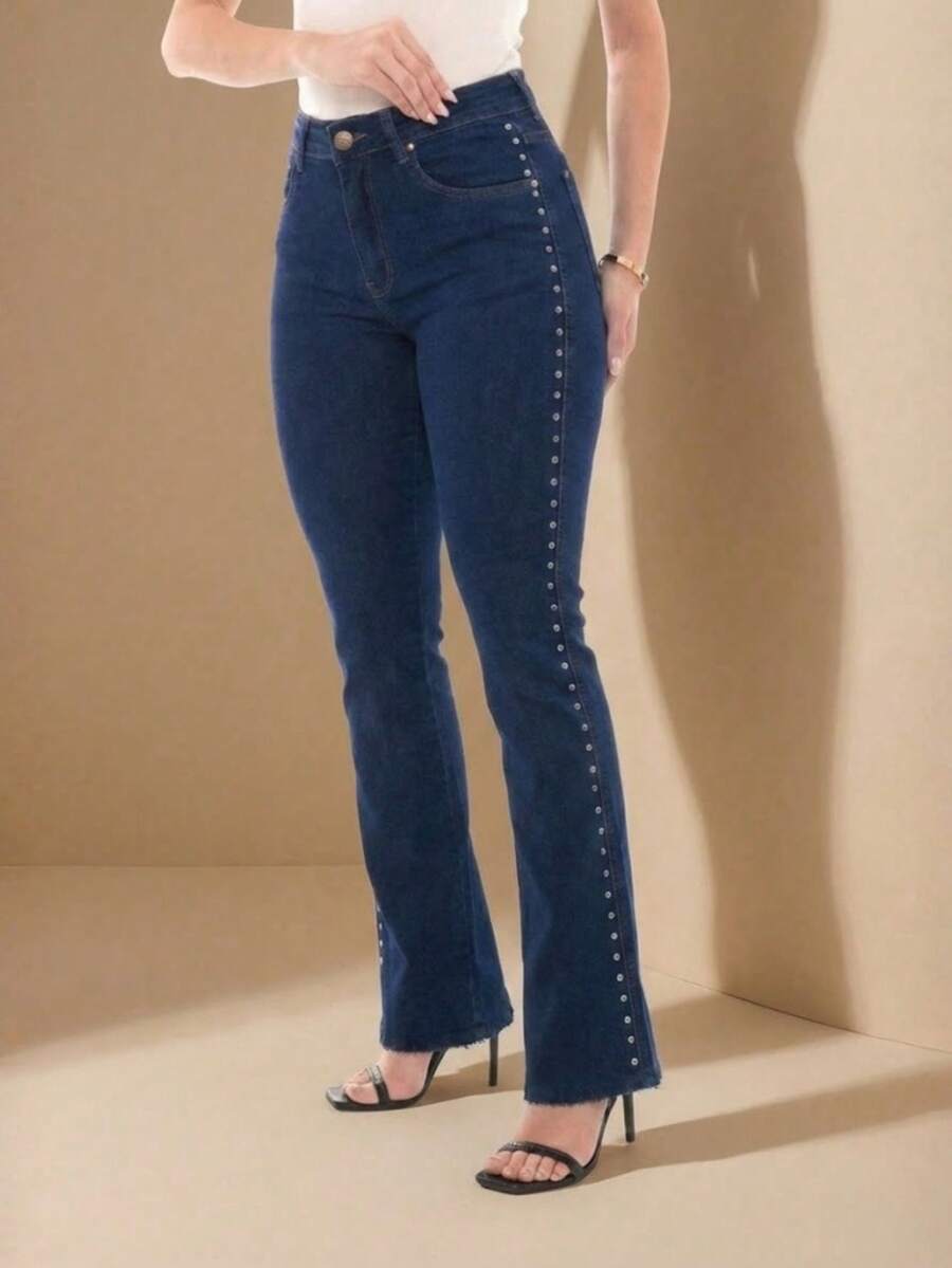pthirillo Women's Dark Blue Flare Jeans With Butt-Lifting, High Waist, And Rhinestone Detail - Premium Rhinestone Jeans - Spike On the Side - View 1