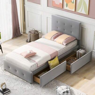 Upholstered Bed 90 X 200 Cm, Bed With Slatted Base, Headboard And Two Drawers, Single Bed, Height-Adjustable Headboard, Skin-Friendly Velvet Fabric, Grey, Flat, Children's Bed, Youth Bed, Guest Bed (Mattress Not Included)