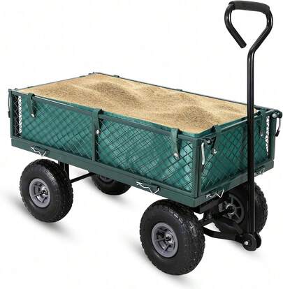 Carrito de jardín de acero pesado, convertible en vagoneta de malla/carga con neumáticos de 10" y manilla 2-en-1 para trabajo en el patio, 440 libras