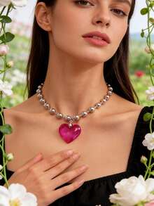 1pc Exaggerated Cute Beaded Heart Pendant Necklace, Fashion Party Accessories Valentines,Mom,Mother,Mother's Day,Gift - Hot Pink - View 12