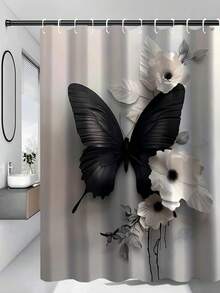 1/4pcs Polyester Shower Curtain - Black & White Floral And Butterfly Design, With Roses, Lilies, Sunflowers | Machine Washable | Elegant Bathroom Decor, Shower Privacy | Fashionable Design | Polyester Fiber, Shower Curtain Set - A - View 16
