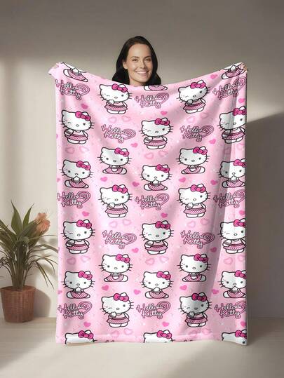 Sanrio Esta es una manta de franela con temática de Hello Kitty. La imagen de Hello Kitty lleva un vestido a cuadros y un lazo rosa, con corazones rosas dispersos que acentúan la sensación femenina y curativa. El tono rosa claro y los elementos de corazón refuerzan la sensación de feminidad y curación. El diseño de estampado todo sobre todo tiene una sensación visualmente saturada y rítmica. Tiene las características de calidez y suavidad, y se puede usar como una manta para el sofá, una manta para la siesta o una decoración para la cama.