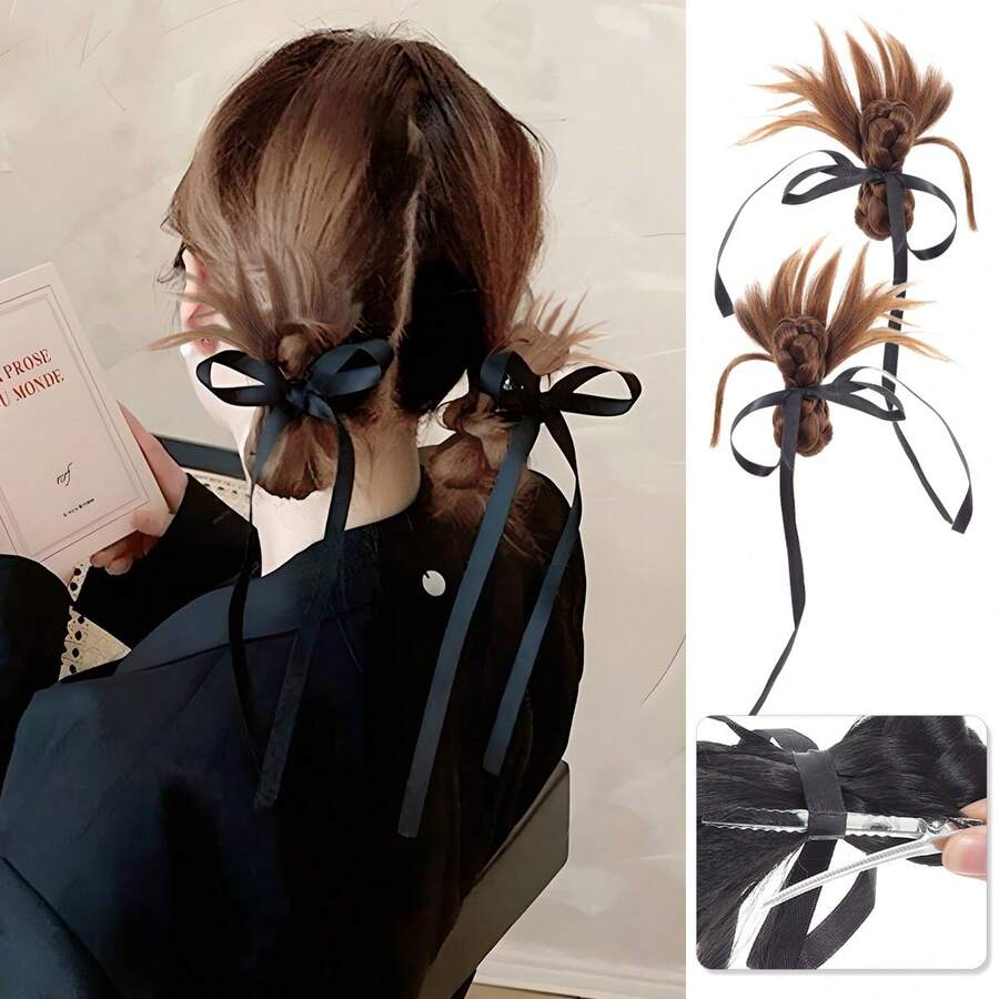 女士发髻假发发圈 | 双花发髻配蝴蝶结，编织发型造型工具，活力少女风