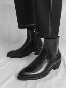 Men's Retro High Heel Chelsea Ankle Boots, Pointed Toe Shiny Leather Casual Business Dress Elevator Shoes - G809-6 Black - View 5