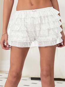 Women Mesh Tiered Ruffle Shorts Fashionable Dot Print Mid Waist Mini Shorts For Beach Daily Wear - trắng - Xem 1