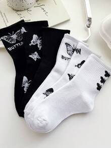 随机3/6双装女士宽松中筒针织袜 - 黑白蝴蝶图案 - 街头风薄款百搭春夏款 - 彩色 - 查看 3