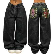 Women Y2K 90S Hip Hop Baggy Jeans Gothic Skull Embroidered Boyfriend Wide Leg Denim Pants Mid-Low Rise Loose Streetwear Outfits - 黑色 - 查看 1