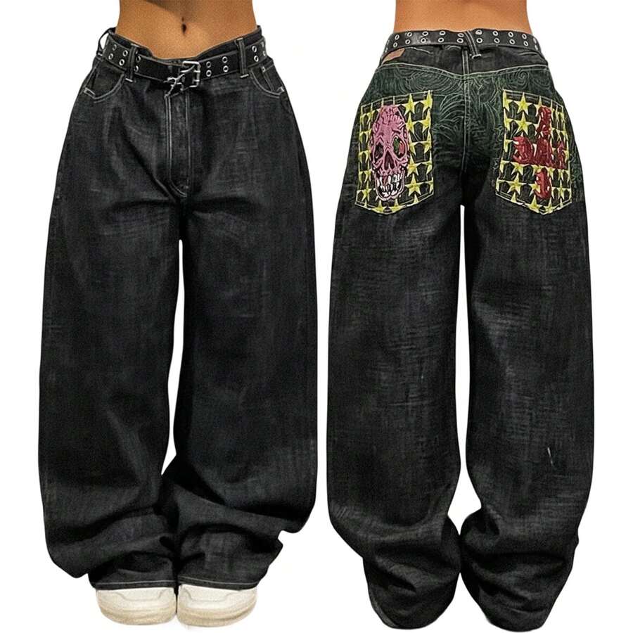 Women Y2K 90S Hip Hop Baggy Jeans Gothic Skull Embroidered Boyfriend Wide Leg Denim Pants Mid-Low Rise Loose Streetwear Outfits - 黑色 - 查看 1