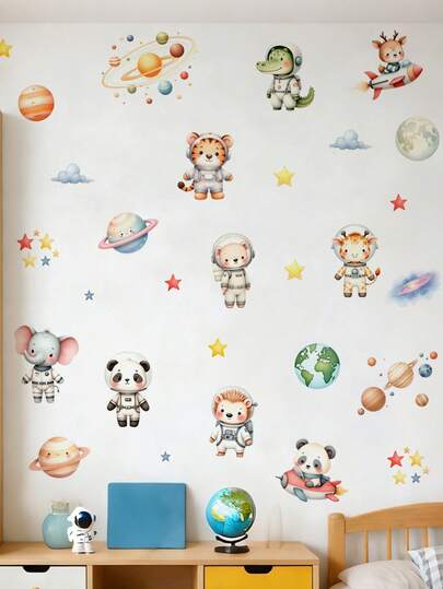 Cartoon Animal Astronaut Wall Stickers, Space Planet Stars Decals, Removable Peel And Stick Murals For Kids Bedroom Nursery Playroom, Cute Space Theme Home Decor.Wall Stickers - Vinyl Self-Adhesive Removable Decals, Suitable For Bedroom And Living Room Decoration, Wall Background Mural Stickers