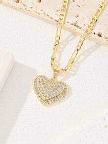 1 pieza Conjunto de collar con colgante de corazón lleno de rhinestones, colgante de corazón romántico, adecuado para mujeres, verano, playa, regalos de Pascua, uso personal - Amarillo Oro - Ver 4