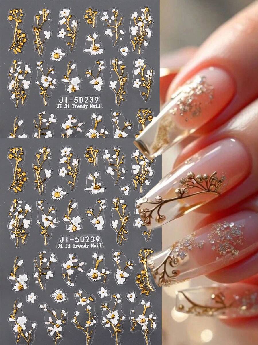 1/2pcs White Daisy & Golden Leaf Glitter Nail Stickers - Multicolor - View 1