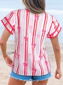 Women's Pink Ric-Rac Trim Ruffle Sleeve V Neck Bow Striped Blouse Sweet Tops Valentines Days Shirt Top - Hot Pink - View 2