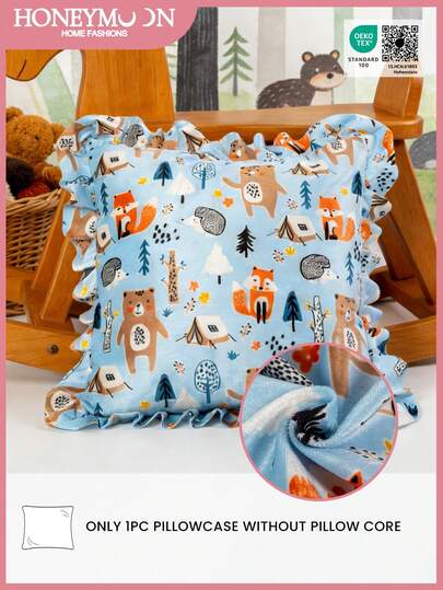 1 件荷叶边儿童印花枕套，可爱的熊图案为孩子们带来更多乐趣！不含枕芯，柔软舒适，适合家居装饰、沙发、卧室、宿舍等，可机洗，通过 Oeko-Tex 认证