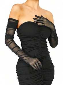 1 Pair Elegant Women's Long Sheer Mesh Gloves, Suitable For Halloween, Wedding - Black - View 7