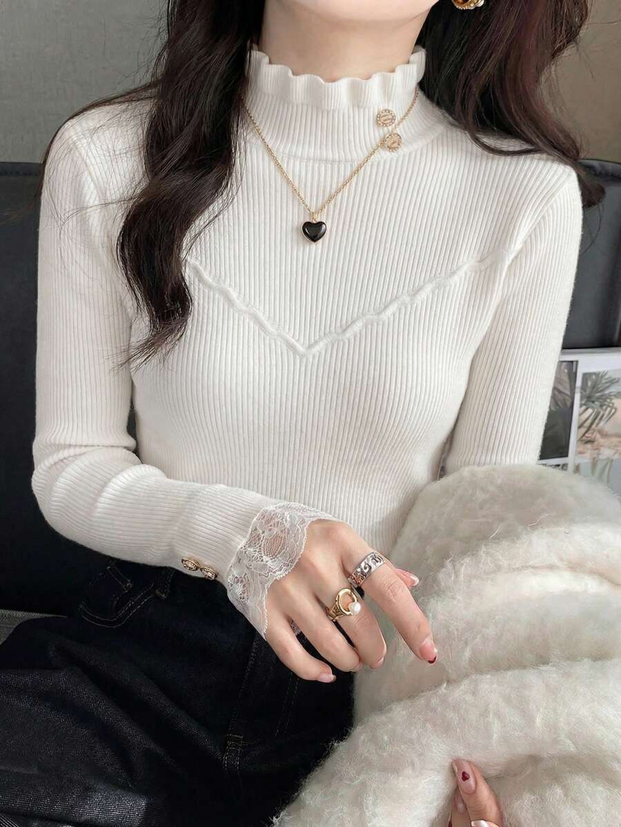 Women's Lace Patchwork Mock Neck Knit Sweater, Fitted Design, High-End Layering Top, Autumn/Winter - Apricot - View 1
