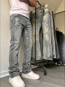 Jeans acampanados bordados, jeans de mezclilla para hombres con letras bordadas, jeans ajustados con pierna acampanada, jeans acampanados desgastados con parches, jeans lavados apilados Y2K, jeans lavados con parches en contraste, aptos para todas las estaciones - Gris - Ver 3