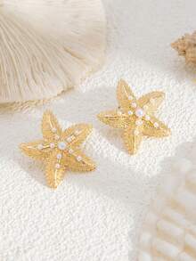 2件套海洋假日风仿珍珠金属海星耳钉，奢华优雅，适合婚礼、派对、海滩度假、日常休闲佩戴、街头风，女士及情侣皆宜，节日及生日礼物。 - 耳飾 - 查看 4