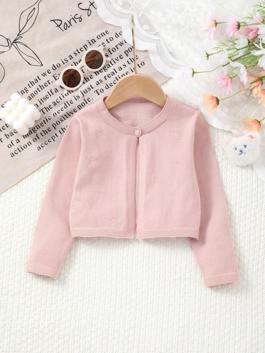 女童优雅圆领叶子刺绣图案针织开衫 - 粉色 - 查看 1