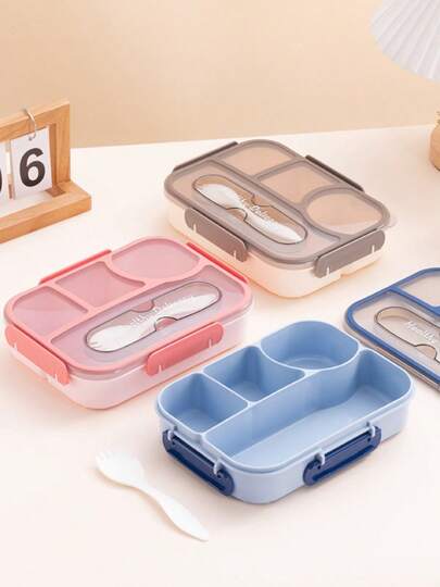 4-Compartment Bento Lunch Box With Utensils Spoon, Plastic Sealed Meal Prep Container With Lid, Shockproof & Dishwasher , Suitable For Adults Work Home Kitchen, Christmas Gift