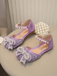 大童女童休闲平底公主风蝴蝶结水钻珍珠鞋 - 紫色 - 查看 4