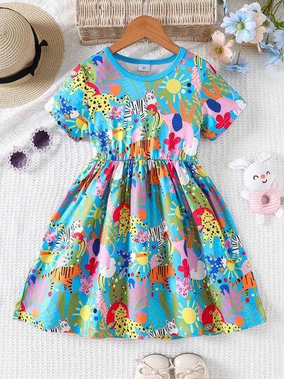 Vestido de manga corta con estampado de animales del bosque azul de la serie de verano, de seda de leche con doble cara y cepillado, de estilo dulce y elegante, perfecto para vacaciones y actividades al aire libre para niñas