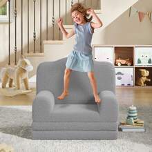 Silla de sofá para niños, con Funda Lavable, diseño de Corona, cómoda Silla de Lectura para niños, sofá Cama Plegable para Sala de Juegos, guardería, niñas y niños, Color Gris - Gris - Ver 2