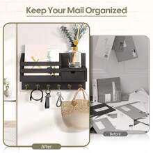 1 PC Keychain Wall-Mounted Type: Wall Key And Letter Holder, With 6 Hooks And Storage Drawer, Wooden Wall-Mounted Type, Mailbox Envelope Rack, Entrance Hall Key Rack, Wall-Mounted Bedroom Closet Rack, Solid Wood Storage Rack, Convenient For Installing Key Rack For Home Decoration At The Entrance. - Multicolor - View 10