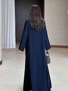 时尚优雅女士长袍，中东风格宽松舒适休闲开衫，长款长袍，端庄长袖连衣裙，适合秋冬季节穿着（不含头巾） - 藍色 - 查看 5