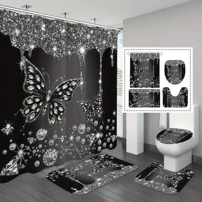 1/4 Piece Black Glitter Butterfly Shower Curtain Set, Elegant Shower Curtain With 12 Hooks, Non-Slip Bathroom Rug, U-Shaped Toilet Mat, Toilet Lid Cover, Bathroom Decor