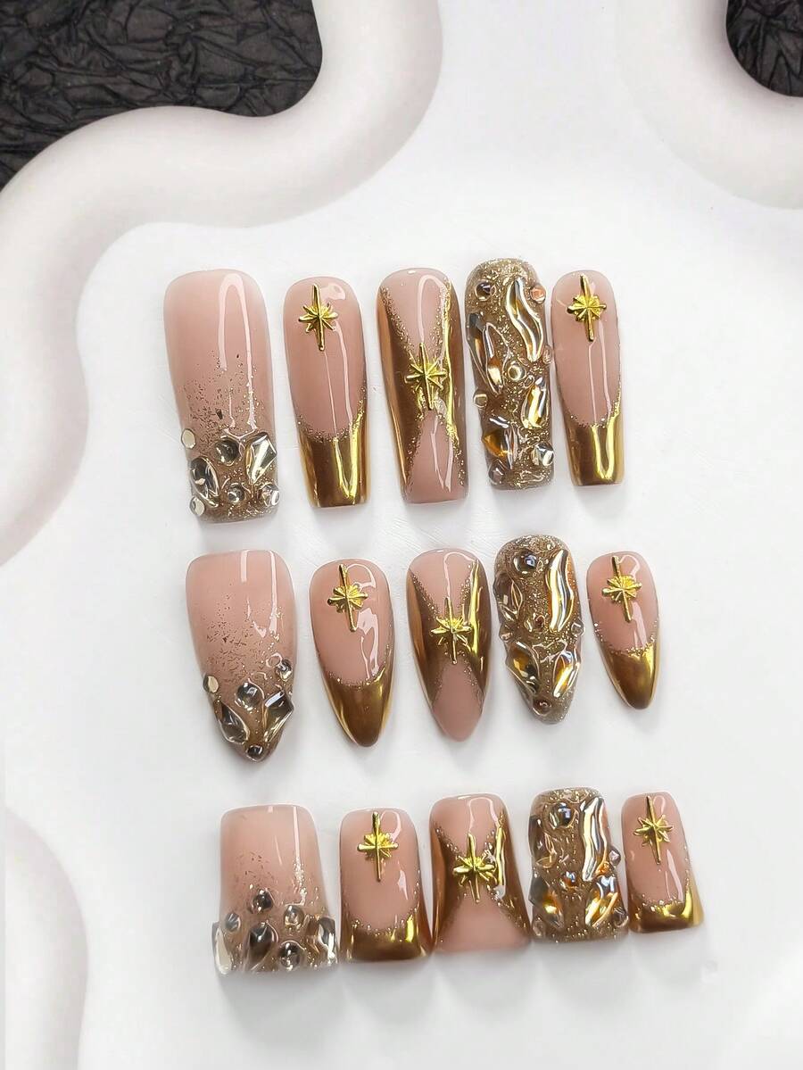 10片装复古法式多功能凝胶美甲套装，亚克力压制甲片，香槟色不对称钻石形，金色星空美甲装饰，银色闪粉猫眼，金色渐变法式，包含美甲工具（1片果冻贴+1个指甲锉），3种尺寸可选，手工制作。 - 彩色 - 查看 1