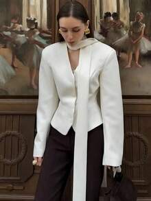 Women's Casual Minimalist Commuter Chic Shoulder Pad Tie-Up White Blazer Jacket, Elegant Simplistic For Daily Commute, Date, Valentine's Day, New Year, Spring - White - View 3