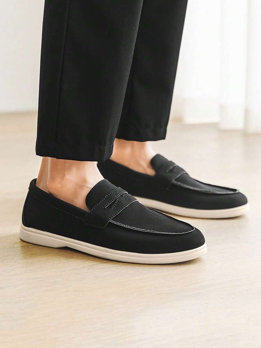 Luxury Men's Slip-On Penny Loafers, Solid Color Faux Suede Casual Shoes, Beige, Soft & Comfortable, Breathable Non-Slip Durable Sole, Fashion Suit, Casual, Student Graduation Ceremony, Business, Party, Wedding, Groom Shoes, Spring/Summer/Autumn, Plus Size - Black - View 1